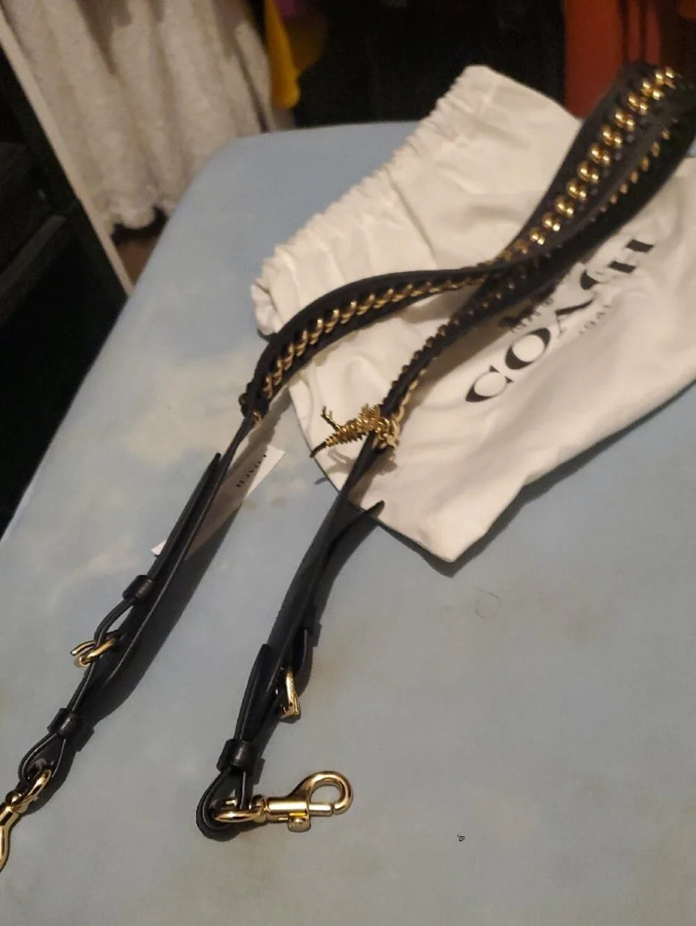 Coach Black Leather Strap with Gold Chain Accent